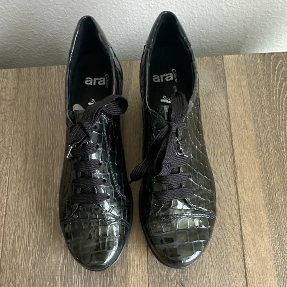 Ara Women's 10 Libby Anthracite Croc Patent Leather Lace Up Wedge Oxford